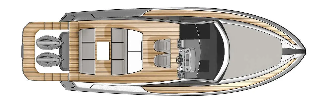 Top view of a modern motorboat featuring seating areas, helm station, and wooden flooring for a sleek design.